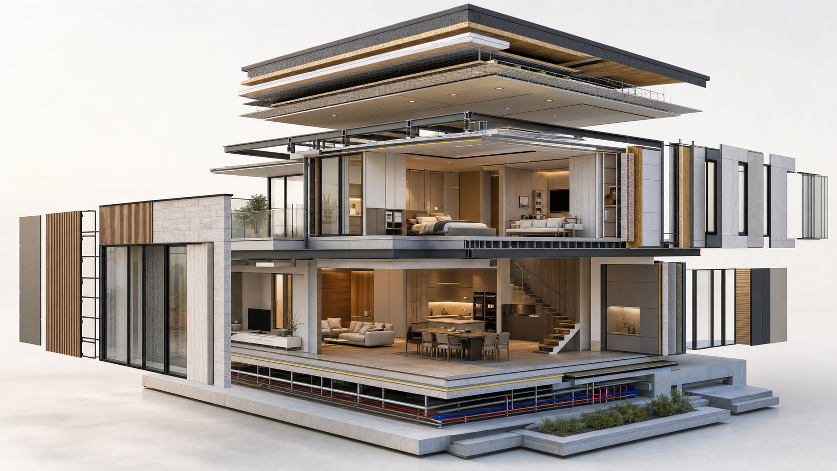 Modern house cutaway with building material layers